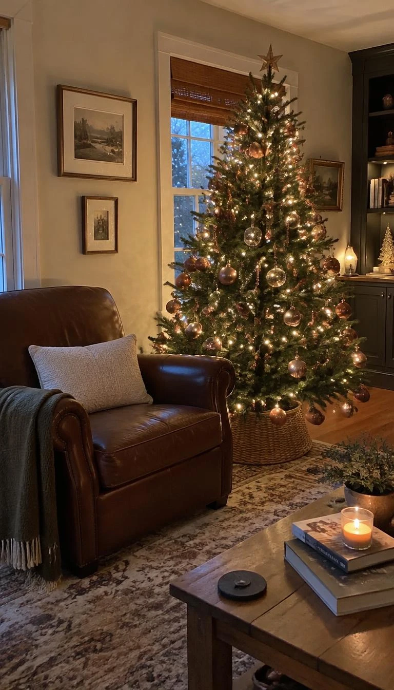 A candid, realistic iPhone photograph of a living room with a Christmas tree decorated with smoked amber glass rounds, muted salmon colored baubles, warm fairy lights, standing beside a leather armchair.