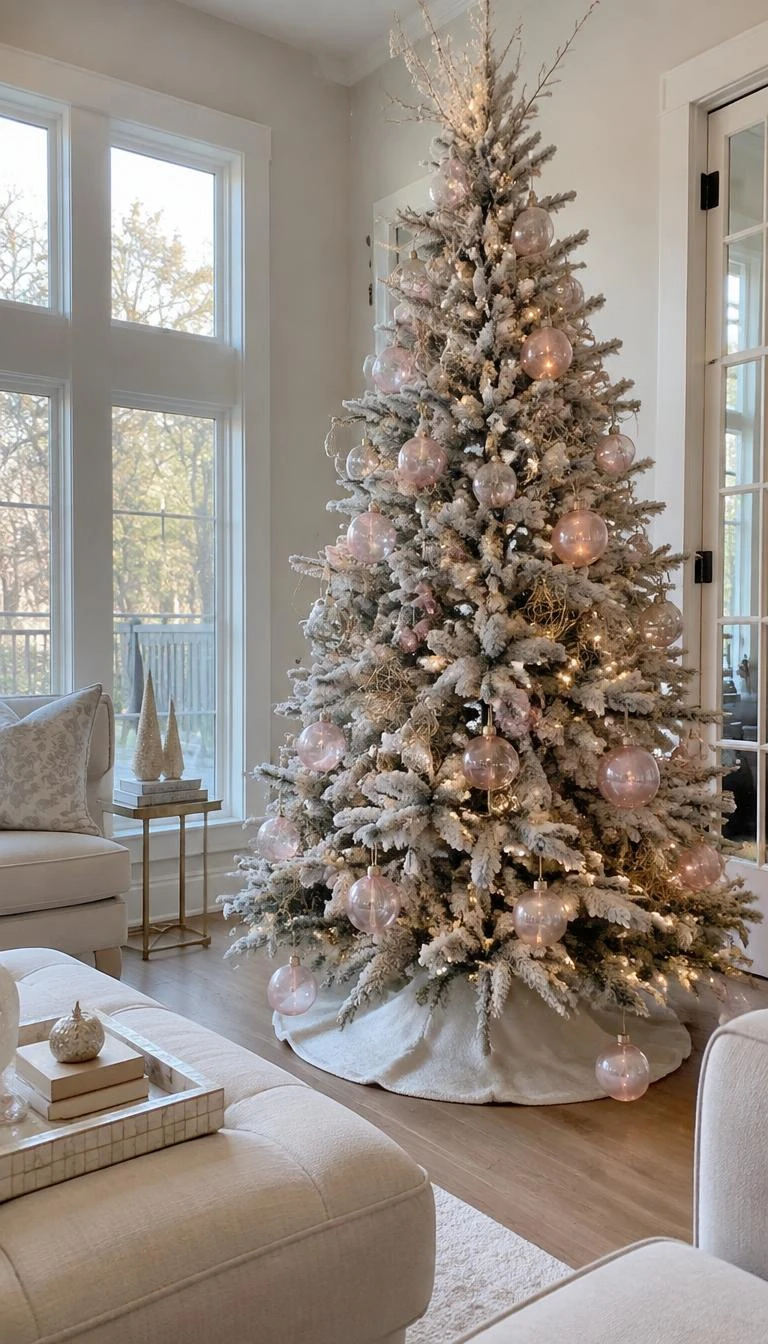 A candid, realistic iPhone photograph of a living room with a frosted white Christmas tree decorated with pale translucent pink blown glass spheres and spun gold wire ornaments, sitting in an airy morning room.