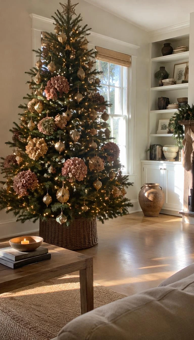A candid, realistic iPhone photograph of a living room with a Christmas tree dotted with dried terracotta pink hydrangea flower heads, nestled among burnished gold geometric ornaments, sitting in a cozy sunlit room on hardwood floors.