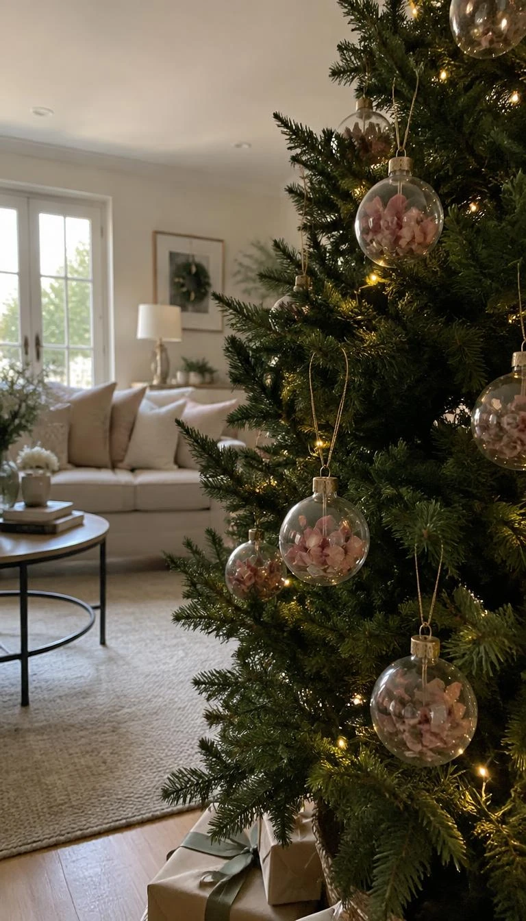 A candid, realistic iPhone photograph of a living room with a Christmas tree decorated with clear glass baubles encasing dried pink petals, trimmed with delicate gold foil rims, natural daylight.