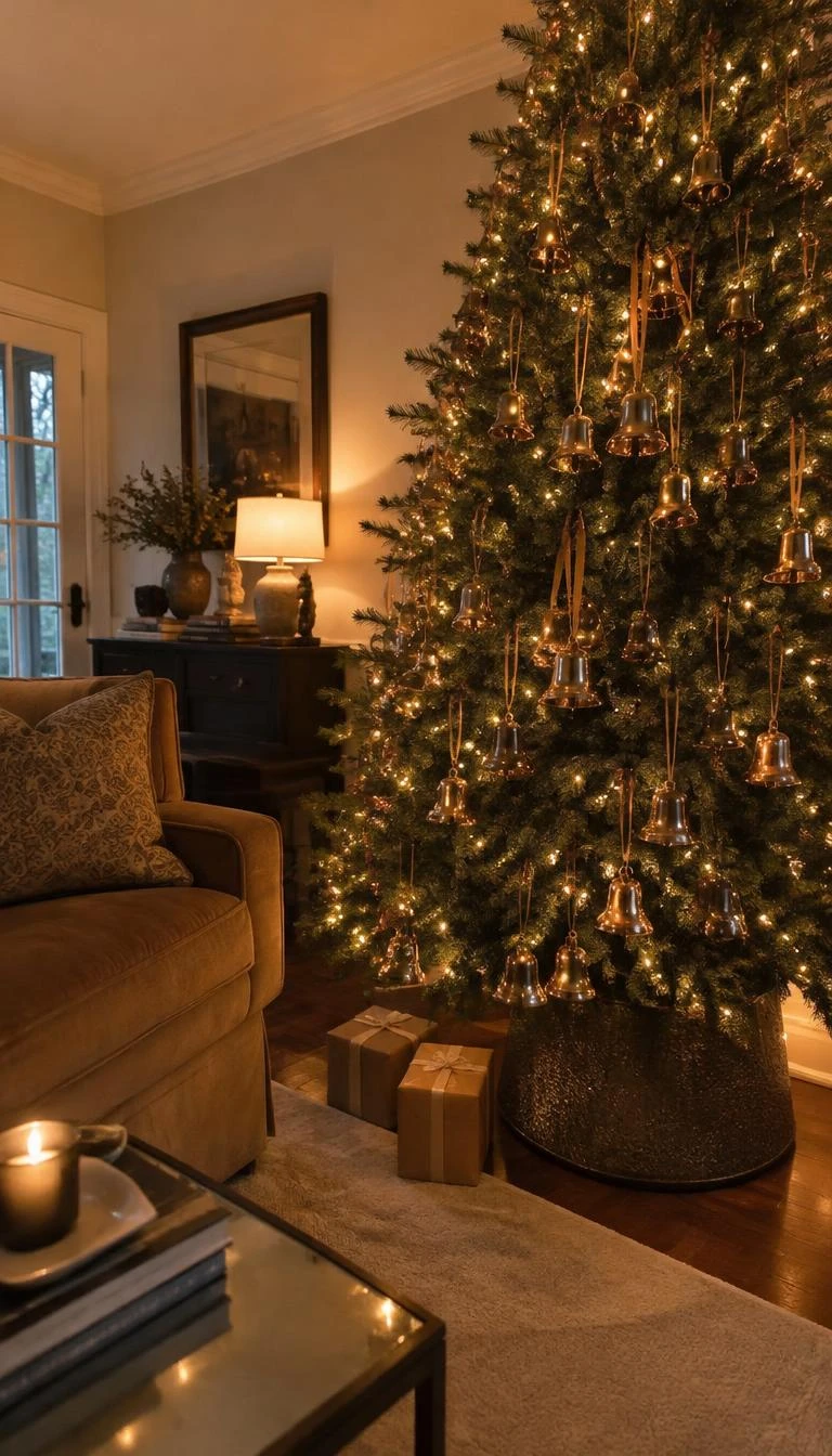A candid, realistic iPhone photograph of a living room with a Christmas tree adorned with rustic cast iron gold bells suspended from slim dusty rose silk cording, surrounded by soft pine needles and warm amber glow.