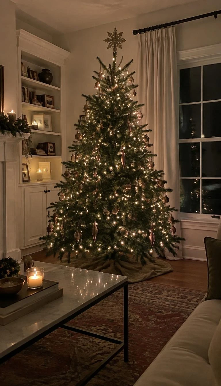 A candid, realistic iPhone photograph of a living room with a Christmas tree decorated with elongated mauve glass finials hanging vertically from outer branches, antique brass baubles inward, calm evening ambience.