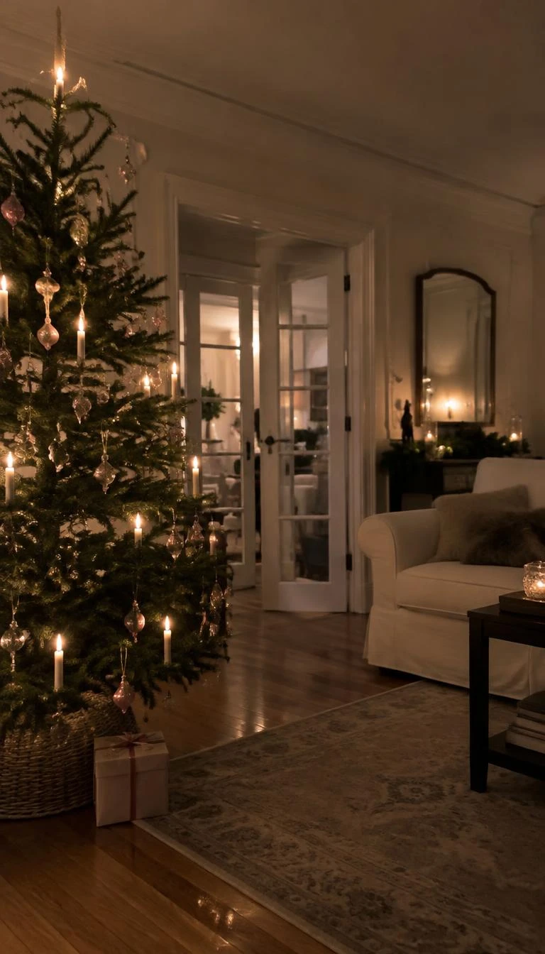 A candid, realistic iPhone photograph of a living room with a Christmas tree illuminated by candle style warm lights, accented with cut crystal drop ornaments in soft pink glass, casting soft refractions on wood floors.