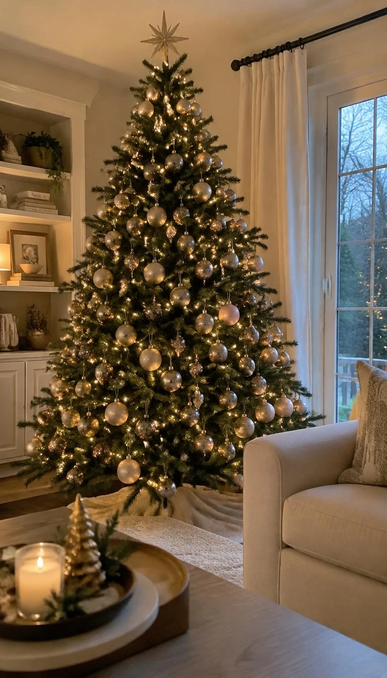 A candid, realistic iPhone photograph of a living room with a Christmas tree, displaying clusters of pale champagne mercury glass baubles placed inward near the dark center trunk, delicate soft pink globes on outer branches, softly lit.