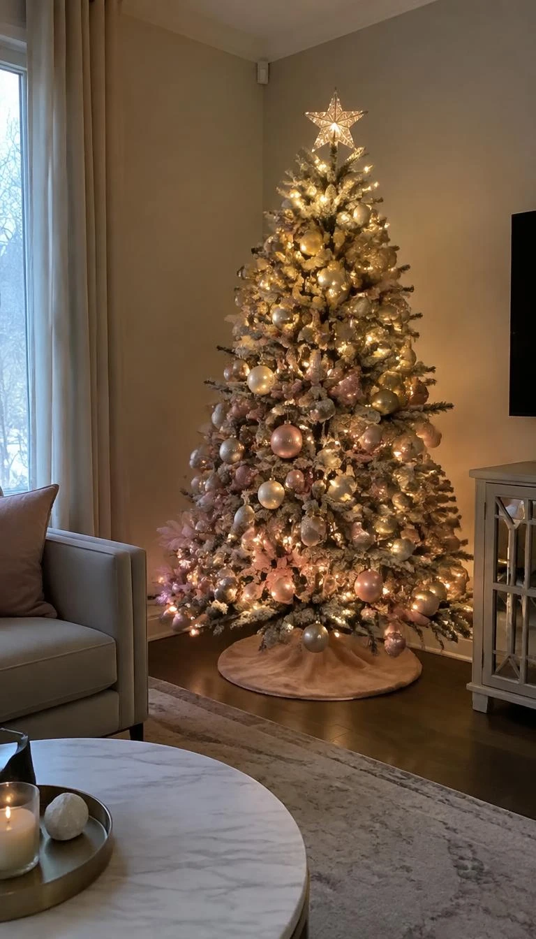 A candid, realistic iPhone photograph of a living room with a Christmas tree organized in a subtle vertical gradient, glowing warm gold at the crown blending gently into soft blush pink at the wide base, quiet interior.