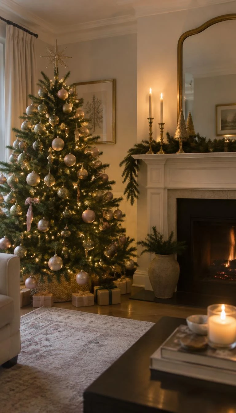A candid, realistic iPhone photograph of a living room with a Christmas tree styled with mottled antique gold leaf balls and soft peony pink glass ornaments, sitting next to a cream painted mantle with lit candles.