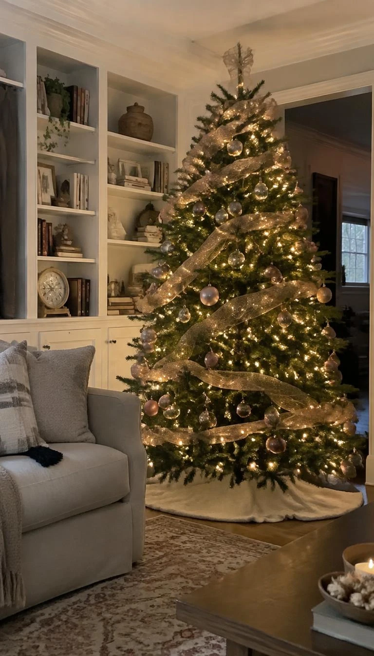 A candid, realistic iPhone photograph of a living room with a Christmas tree wrapped loosely with airy antique gold metallic mesh ribbon, subtle blush glass balls, standing near an open bookshelf.
