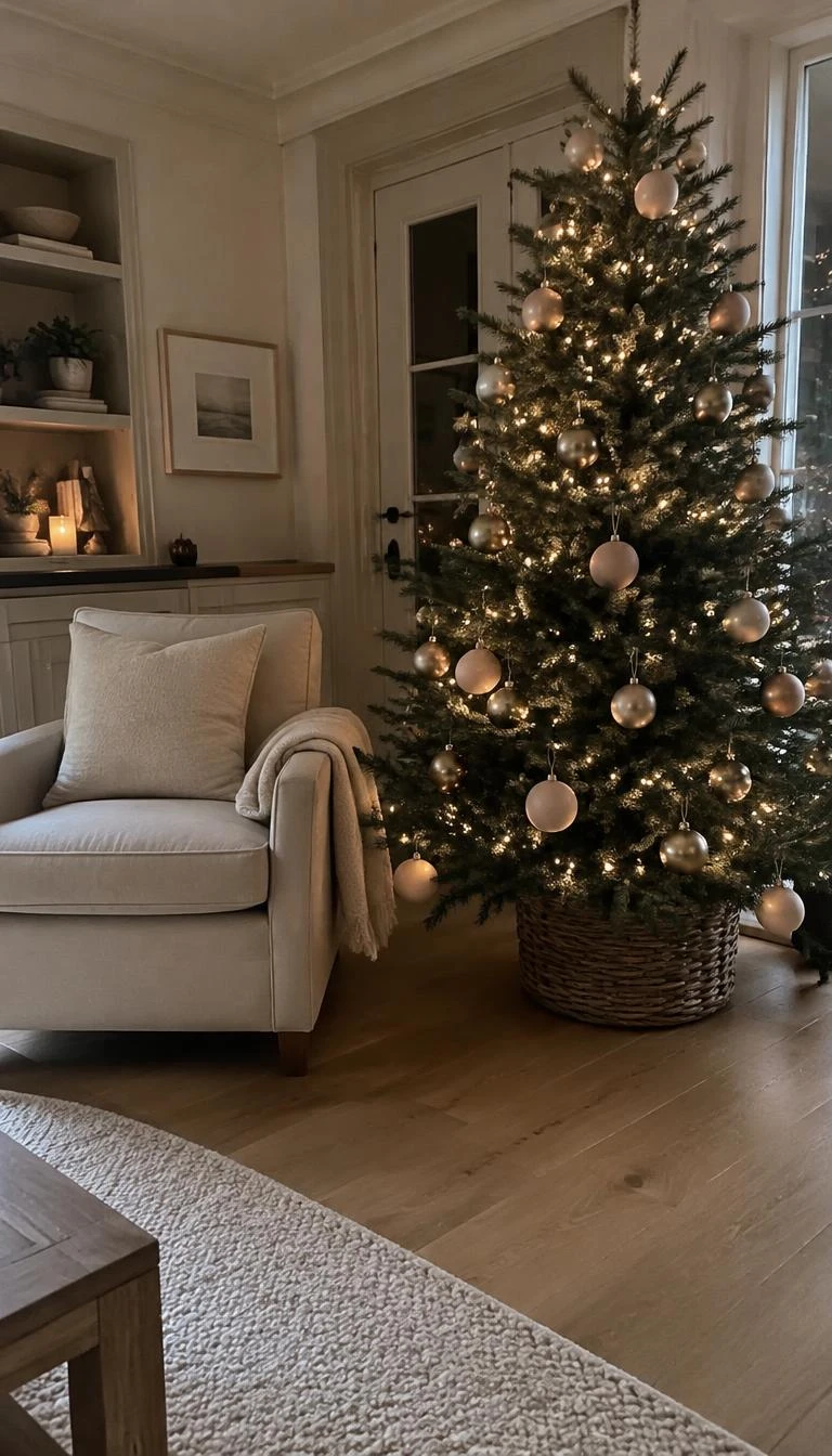 A candid, realistic iPhone photograph of a living room with a Christmas tree decorated with smooth matte blush ceramic baubles, warm brushed brass spheres, warm white micro fairy lights, resting on a wide plank oak floor next to a quiet linen reading chair.