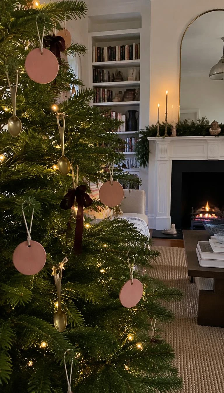 A candid, realistic iPhone photograph of a living room with a Christmas tree displaying unglazed pink ceramic flat disc ornaments, vintage brass demitasse spoons tied with thread, cozy winter room.