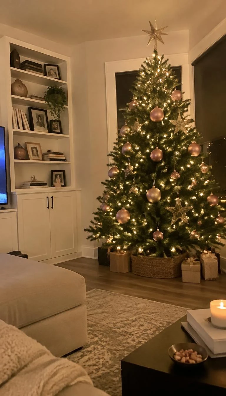 A candid, realistic iPhone photograph of a living room with a Christmas tree featuring spun gold wire three dimensional stars, paired alongside soft pink satin finish ornaments, soft warm illumination.
