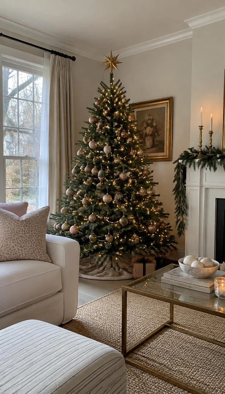 A candid, realistic iPhone photograph of a living room with a Christmas tree crowned with an antique brass sunburst star topper, branches filled with subtle pink and champagne tones, calm afternoon light.