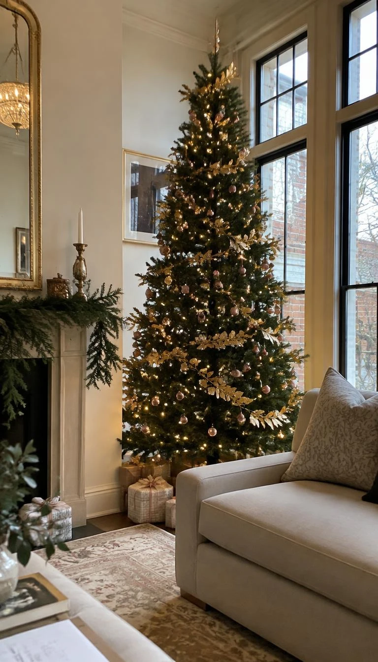 A candid, realistic iPhone photograph of a living room with a Christmas tree wrapped in a fine stamped brass leaf garland, accented with miniature blush pink baubles, standing tall beside tall framed windows.