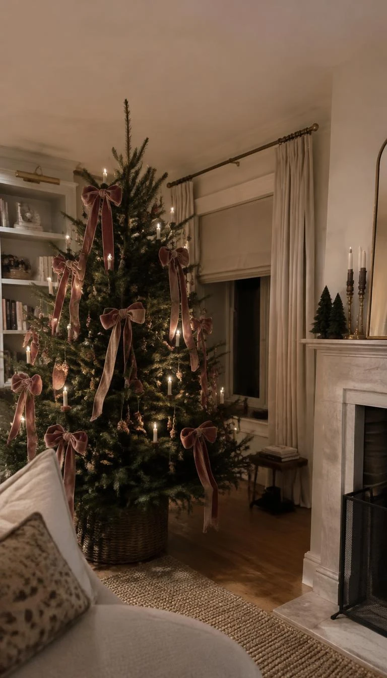 A candid, realistic iPhone photograph of a living room with a Christmas tree trimmed with broad dusty rose velvet ribbons loosely draping downward, antique brass clip-on candles glowing warmly, nestled beside a neutral hearth and wool rug.