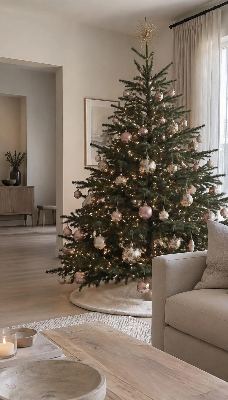 A candid, realistic iPhone photograph of a living room with a Christmas tree decorated with porcelain pink globes featuring delicate hand painted gold leaf patterns, resting peacefully in a minimalist home.
