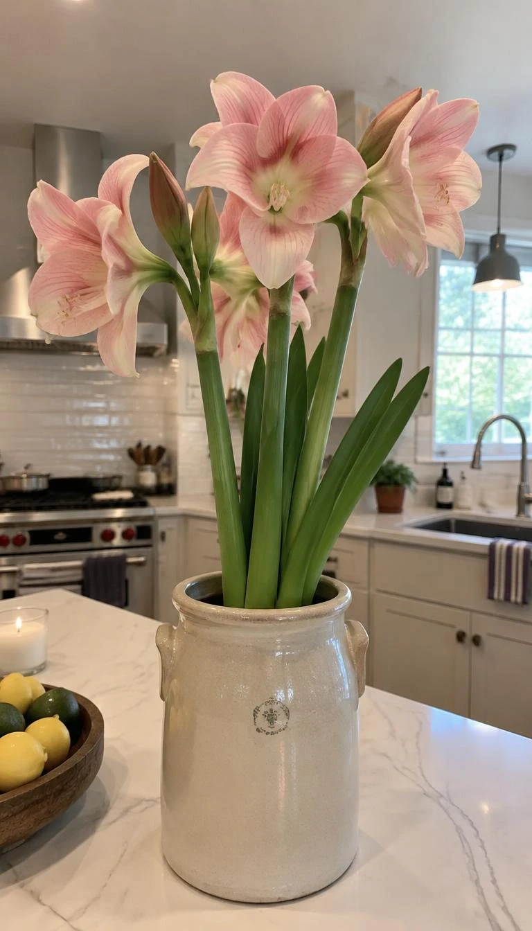 A candid, realistic iPhone photograph of a kitchen island counter, a large beige vintage stoneware crock holding three tall stems of blush pink amaryllis blossoms, green leaves, natural overhead kitchen lighting