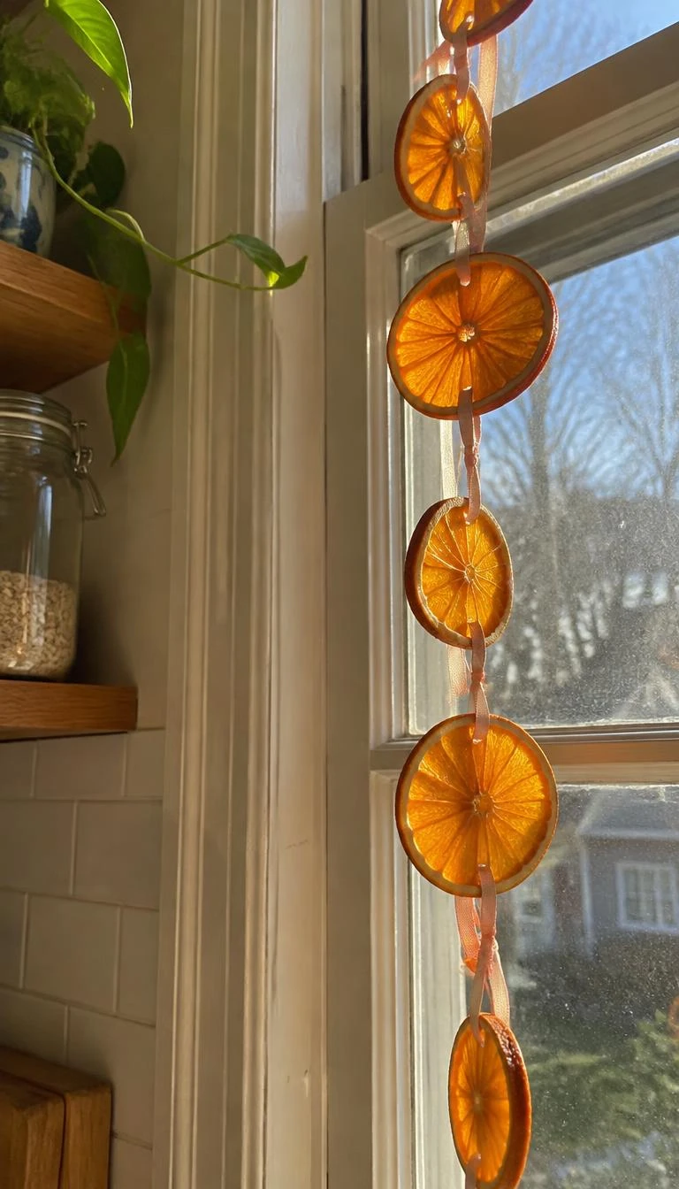 A candid, realistic iPhone photograph of a sunny kitchen window, a string of dehydrated orange slices connected with a thin pale pink satin ribbon, warm sunlight backlighting the citrus, casual home capture