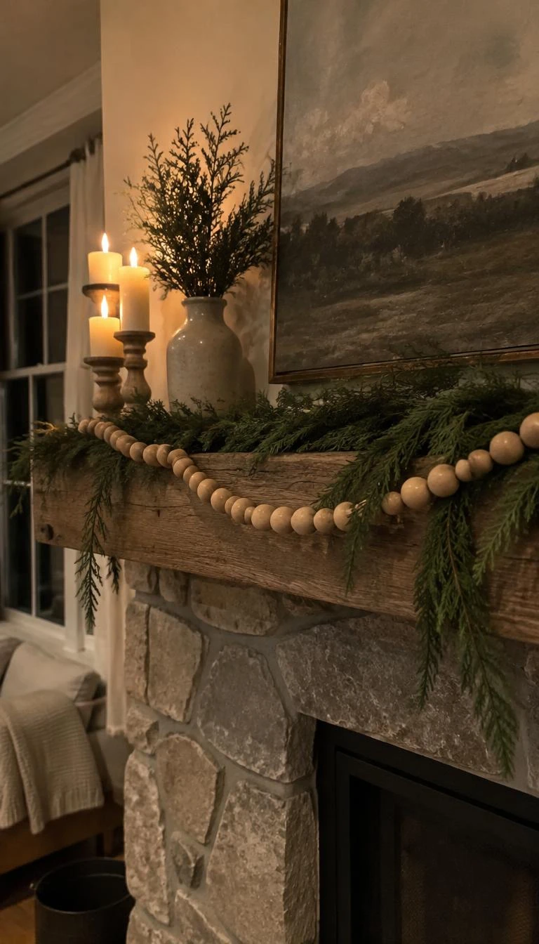 A candid, realistic iPhone photograph of a living room mantle, a garland of unfinished pale rosewood wooden beads draped among juniper boughs, rough stone surround, warm room light in the evening