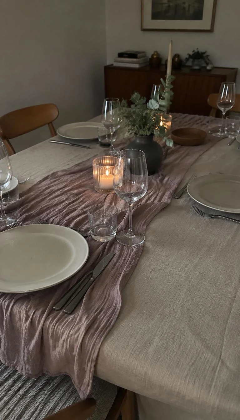 A candid, realistic iPhone photograph of a dining table setting, a muted mauve sheer fabric runner laid loosely over an unbleached beige linen tablecloth, simple ceramic plates, everyday winter dining room setting