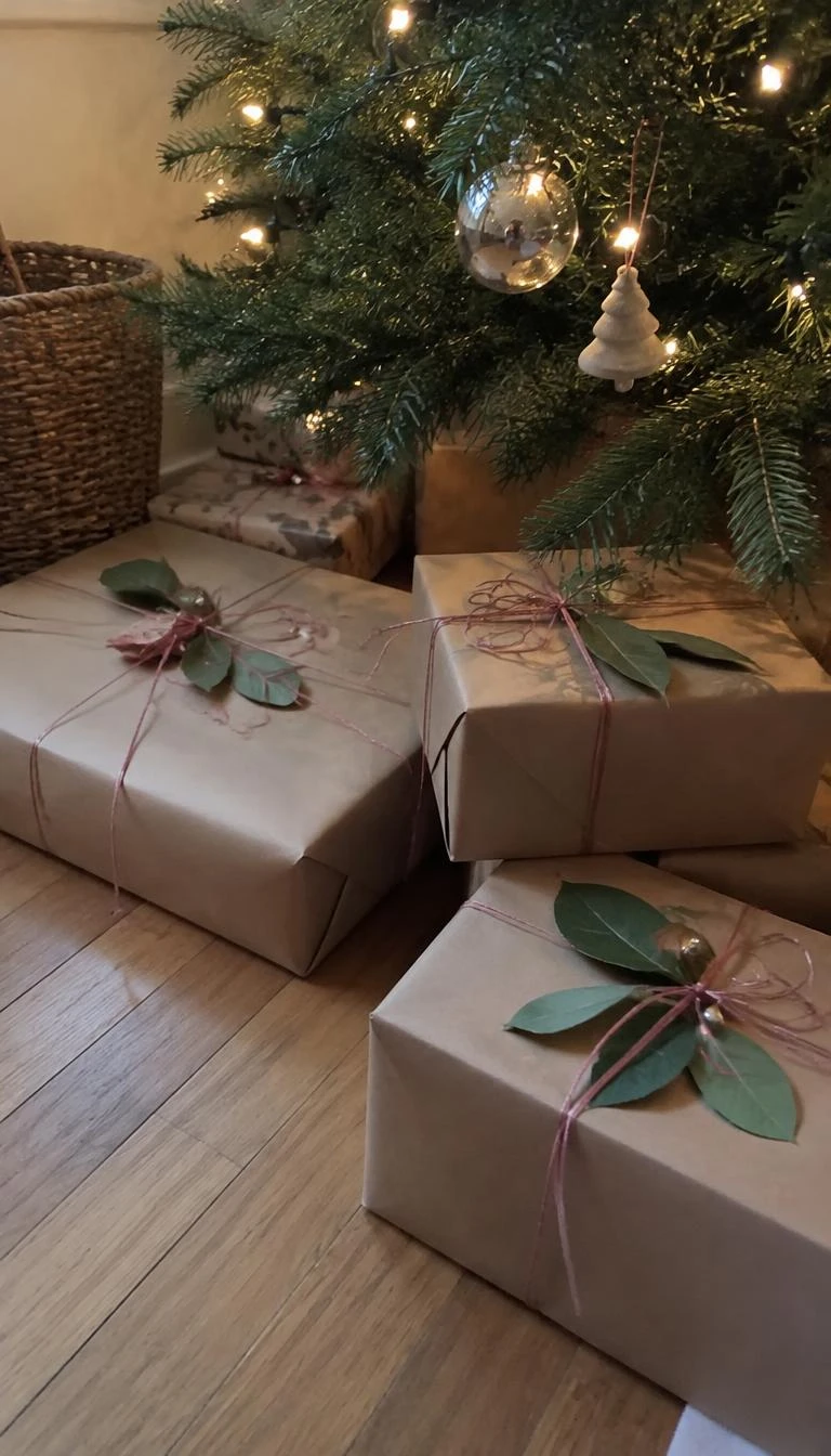 A candid, realistic iPhone photograph of wrapped holiday gifts resting on a hardwood floor beneath a pine tree, brown kraft wrapping paper tied with thin carnation pink silk cording and dried bay leaves, genuine angle