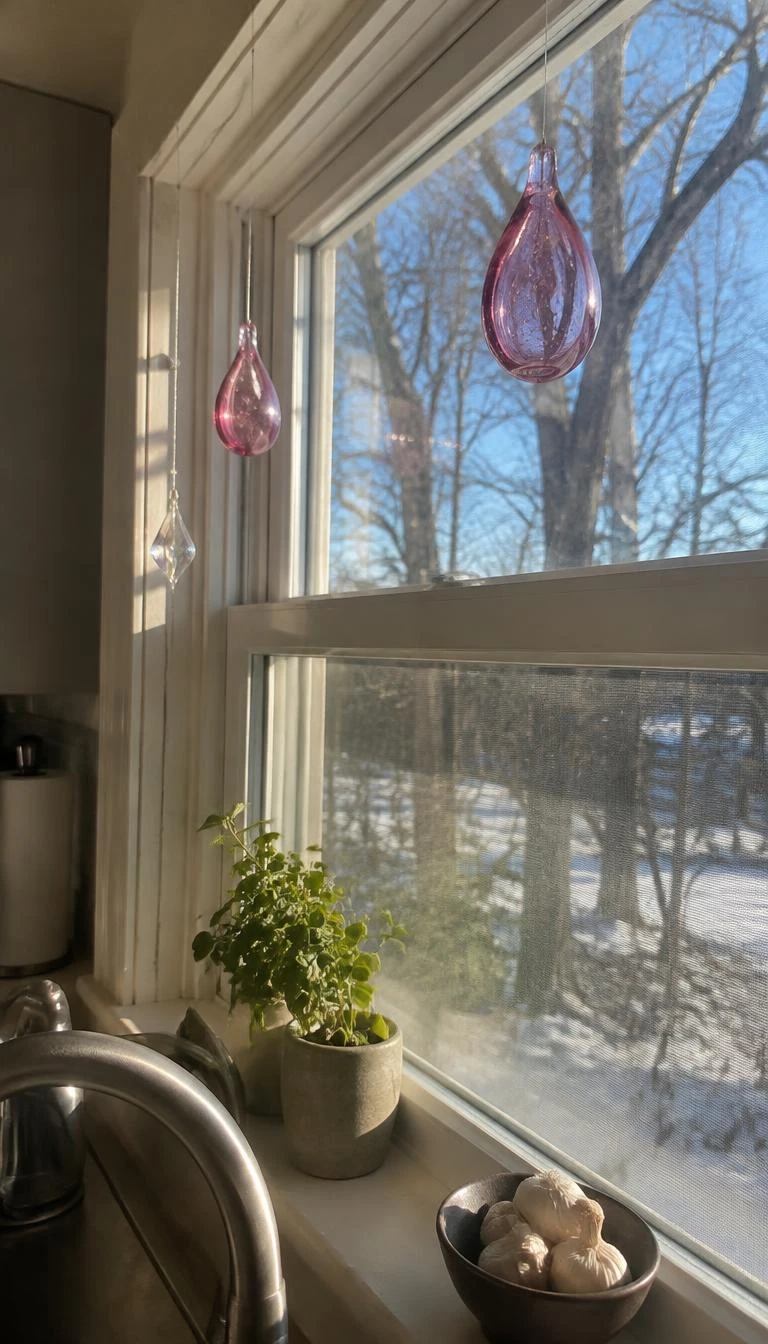 A candid, realistic iPhone photograph of a kitchen window frame, thin fishing line suspending teardrop shaped transparent pink hand blown glass ornaments, morning winter sunlight streaming through glass, genuine domestic angle