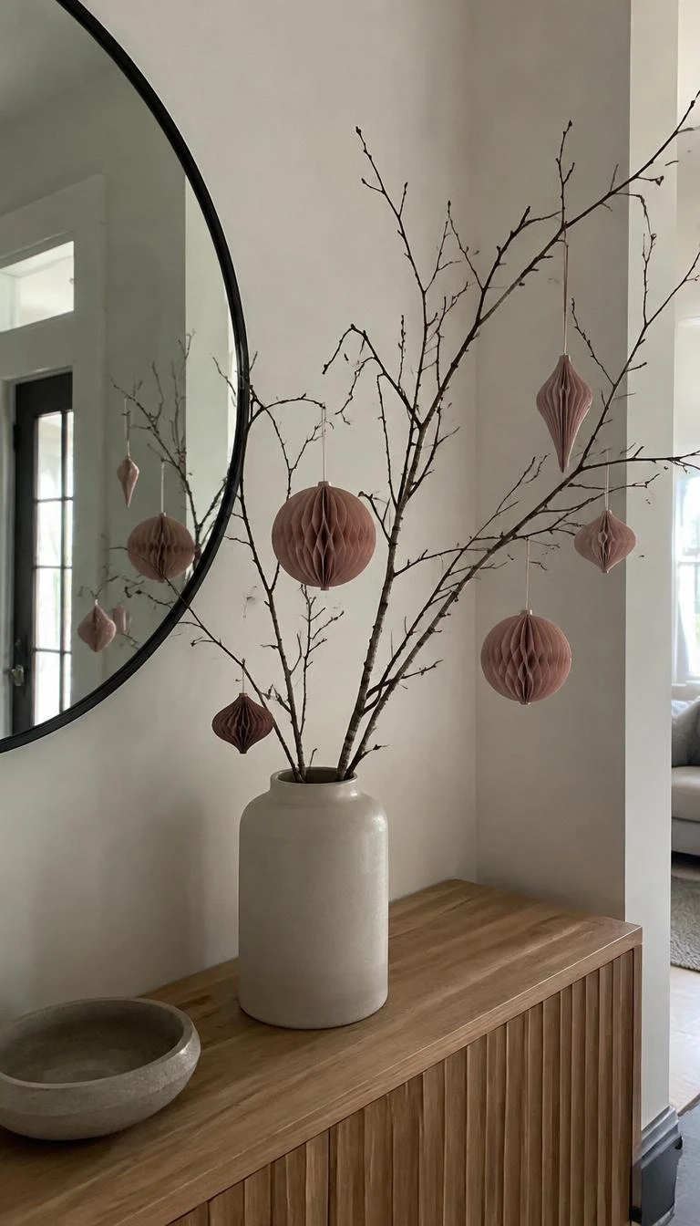 A candid, realistic iPhone photograph of an entryway console table, a minimal ceramic vase holding wild bare birch branches, hung with pleated rose pink paper ornaments and delicate string, soft winter daylight from an adjacent window