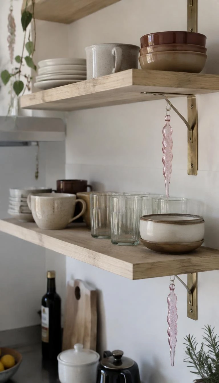 A candid, realistic iPhone photograph of open kitchen shelves made of pale oak, slender twisted pale pink glass icicle ornaments suspended from shelf brackets, everyday pottery visible, soft morning light