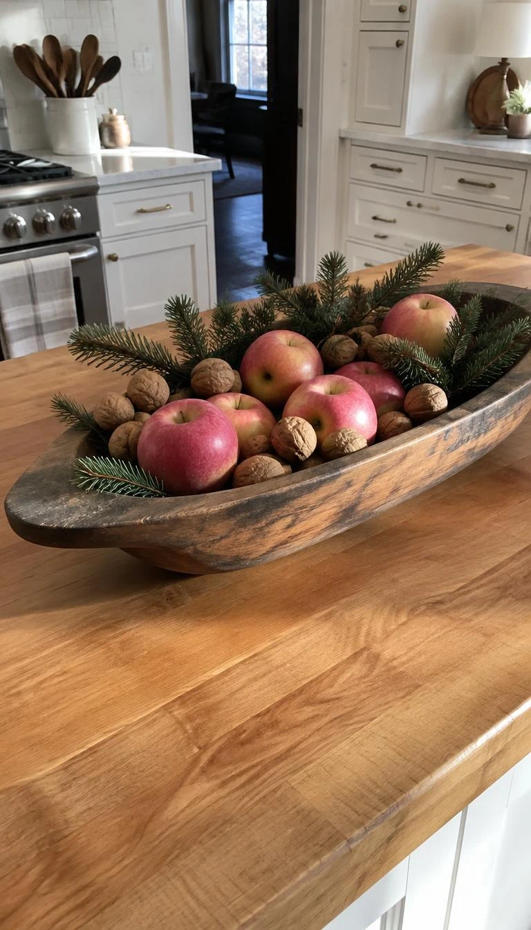 A candid, realistic iPhone photograph of a butcher block kitchen island, a low wooden dough bowl filled with Pink Lady apples, walnuts in shells, and small pine cuttings, bright daytime kitchen atmosphere
