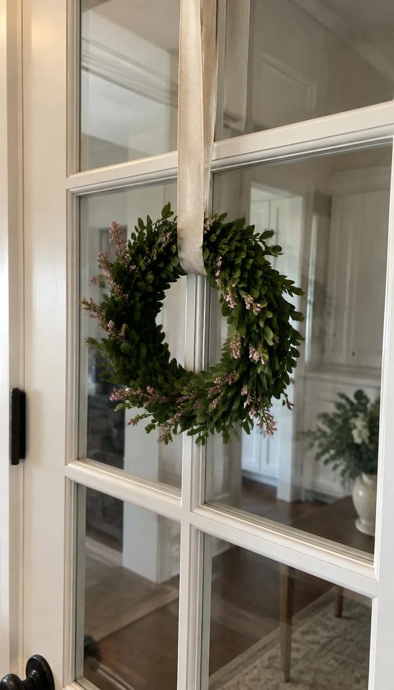 A candid, realistic iPhone photograph of an interior glass paned door, a small boxwood mini wreath hanging by a ribbon, woven with subtle dried pink heather sprigs, crisp natural indoor lighting
