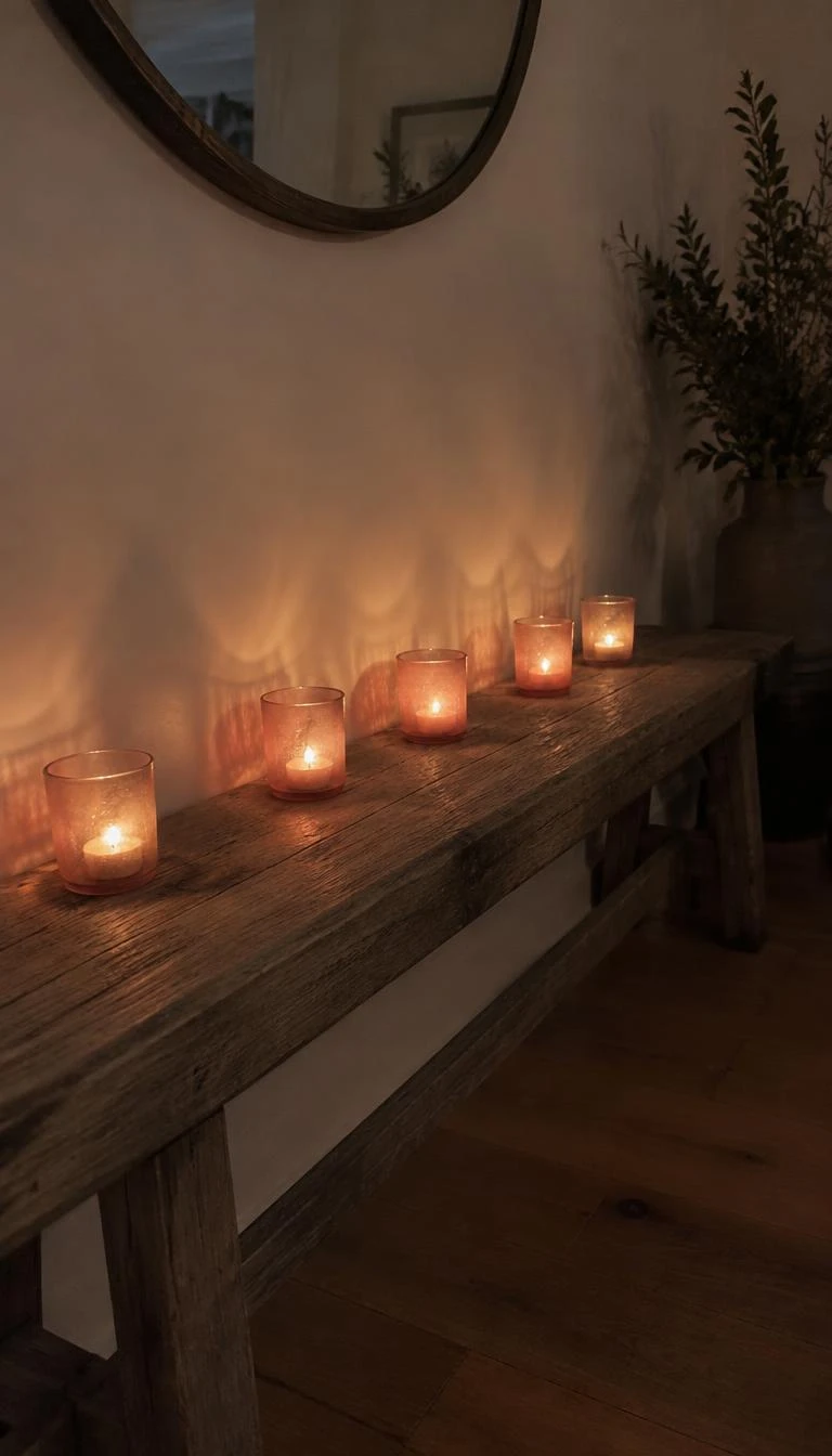 A candid, realistic iPhone photograph of a rustic wooden dining bench against a wall, five small frosted salmon pink glass votive cups glowing with soft tea lights, casting warm reflections, low light atmosphere