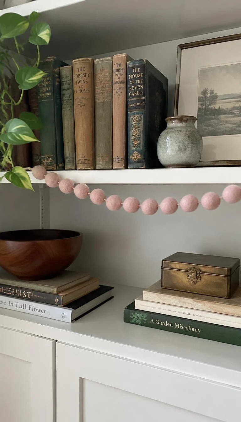 A candid, realistic iPhone photograph of built in living room bookshelves, a delicate garland of hand felted blush pink wool beads draped along a wood shelf edge with old books, soft natural room light