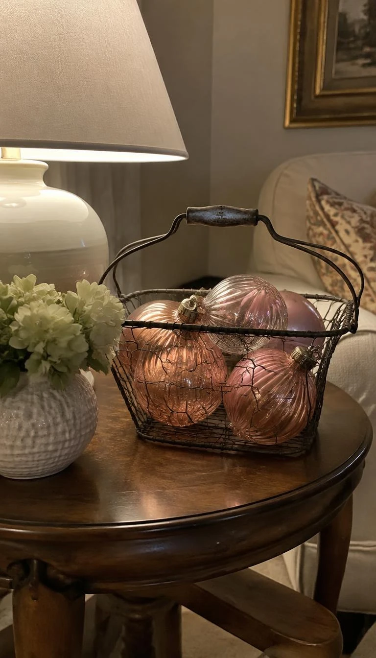 A candid, realistic iPhone photograph of a living room side table, a vintage wire basket filled loosely with antique style glass ornaments in rose and pale peach, soft shadows, warm home lighting