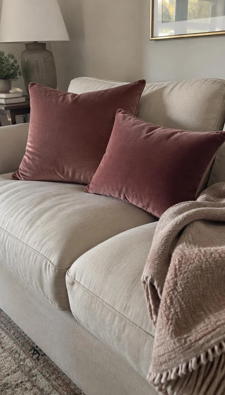 A candid, realistic iPhone photograph of a cream linen sofa, two muted berry pink velvet throw pillows resting against beige cushions, cozy wool throw blanket folded beside them, afternoon living room light