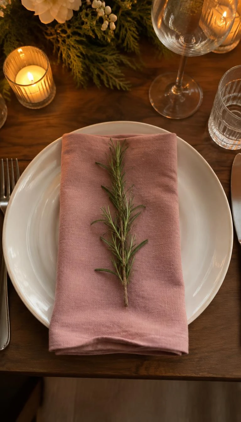 A candid, realistic iPhone photograph of an overhead holiday place setting, an unpressed washed rose pink linen napkin folded neatly on a white ceramic plate, topped with a fresh rosemary sprig, warm ambient dinner light