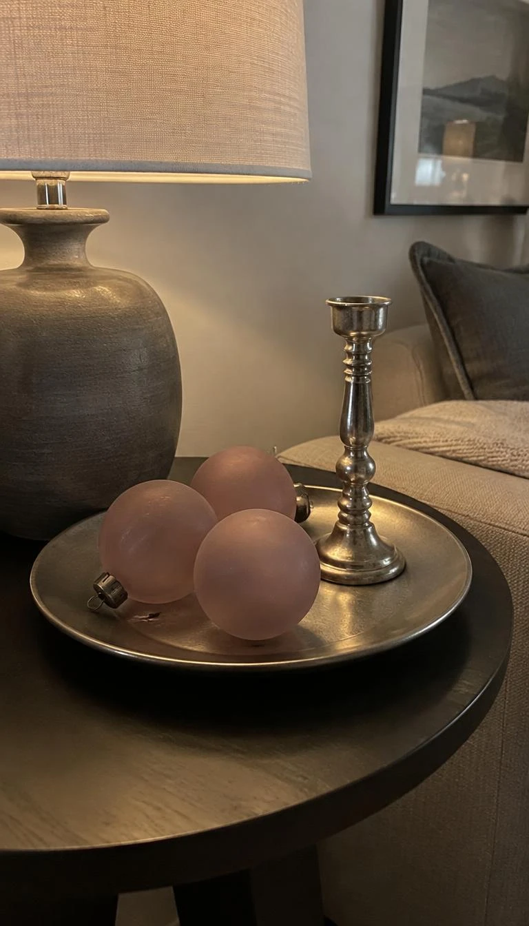 A candid, realistic iPhone photograph of a side table setup, a brushed matte pewter tray holding three frosted dusty pink glass ball ornaments and a small silver candlestick, cozy corner of a living room