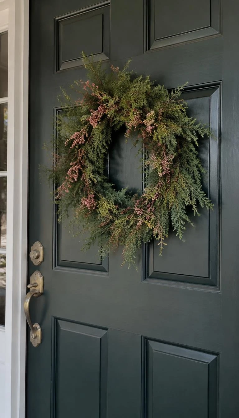 A candid, realistic iPhone photograph of a dark green front door, a fresh cedar wreath studded with clusters of small dried dusty pink pepperberries, no artificial bow, natural soft outdoor daytime light