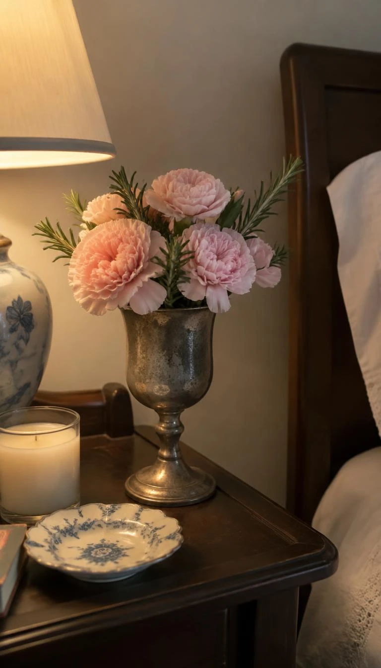 A candid, realistic iPhone photograph of a bedside table, an antique tarnished silver goblet holding a tight posy of pale pink carnations and rosemary sprigs, gentle bedside lamp illumination