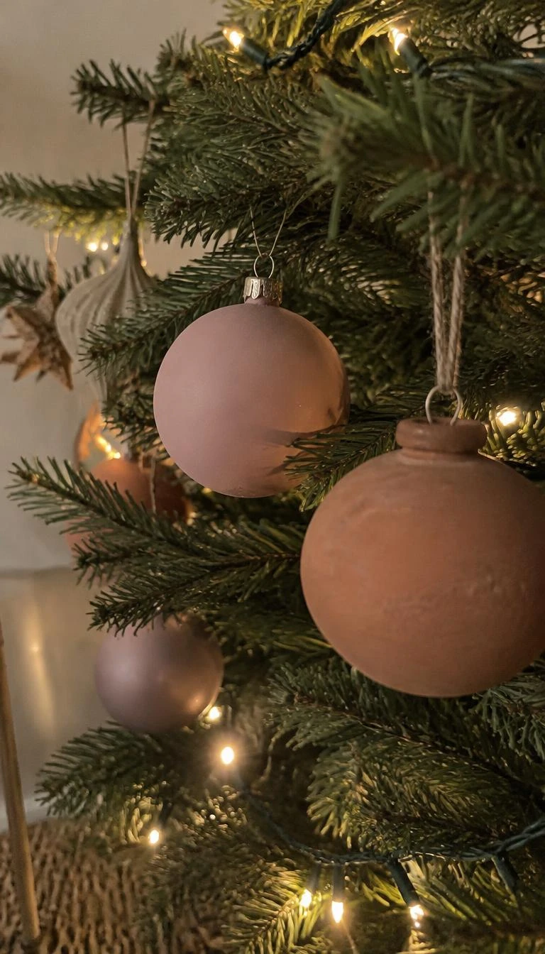 A candid, realistic iPhone photograph of a Christmas tree branch closeup, matte chalky rose round ornaments nested beside raw terracotta clay baubles, warm fairy lights glowing between spruce pine needles, unedited soft focus interior lighting