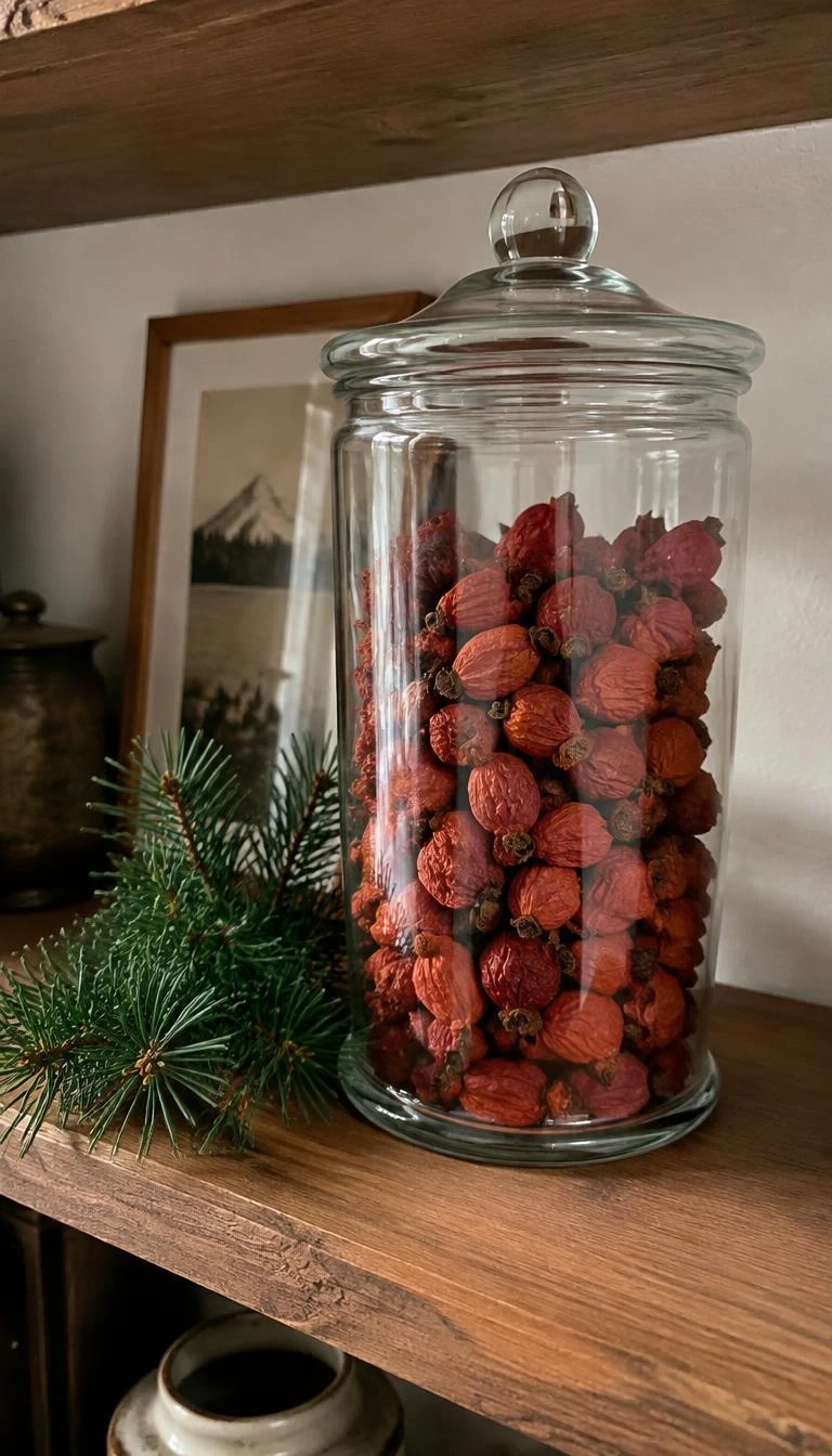 A candid, realistic iPhone photograph of a wooden shelf, a tall clear glass apothecary jar filled with dried coral pink rose hips, small sprigs of pine needles tucked beside it, soft ambient daylight