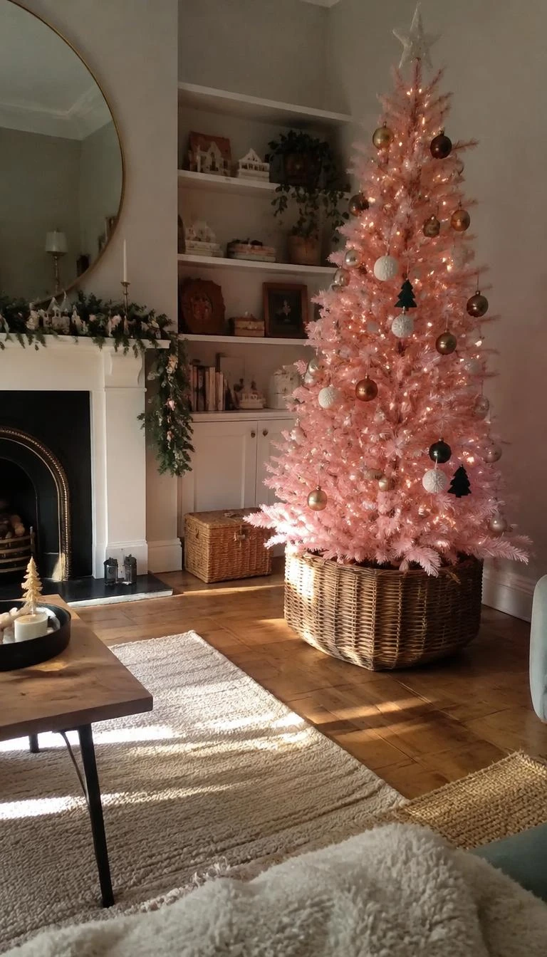 Rest a Pale Pink Tree in an Untreated Willow Basket A candid, realistic iPhone photograph of a living room with a Christmas tree, presenting a pale pink tree seated inside a large woven willow basket base, surrounded by cozy wool rugs, hardwood flooring, and soft afternoon light