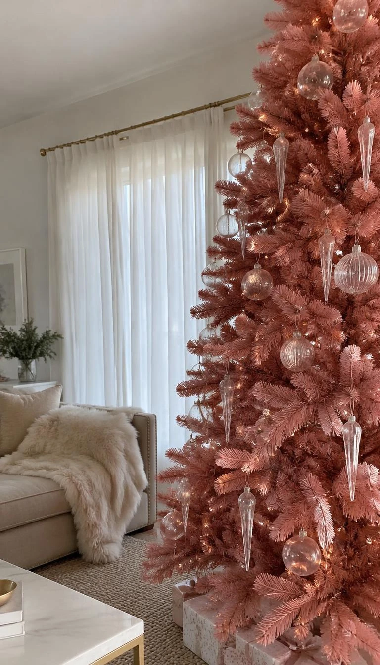 Hang Clear Ribbed Glass Drops on Salmon Pink Needles A candid, realistic iPhone photograph of a living room with a Christmas tree, showing salmon pink boughs decorated with clear fluted glass icicles, plain crystal spheres, bright diffused daylight, and white linen curtains