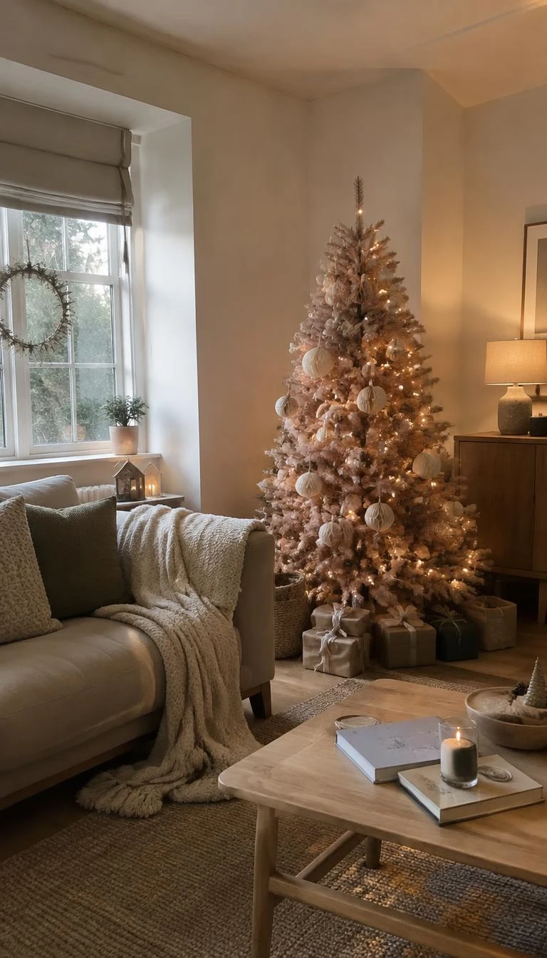 Group Cream Paper Honeycombs on a Shell Pink Tree A candid, realistic iPhone photograph of a living room with a Christmas tree, featuring a soft shell pink tree decorated with folded cream paper honeycomb baubles, warm fairy lights, wool throws, and neutral timber furniture