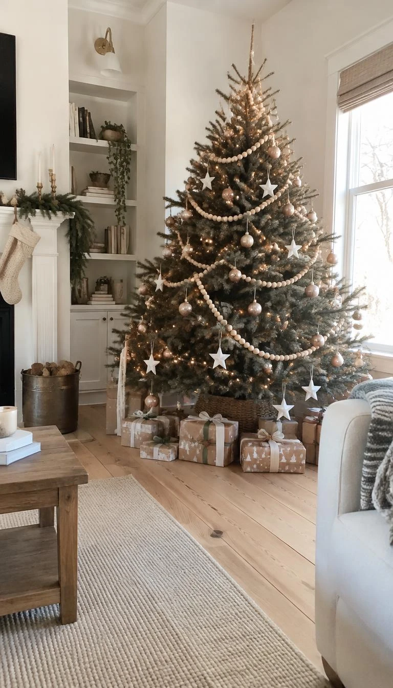 Add Raw Wood Bead Garlands to Rose Gold Needles A candid, realistic iPhone photograph of a living room with a Christmas tree, showing a rose gold tree draped in raw birch wood bead garlands, simple white ceramic stars, light pine floorboards, and bright natural morning light