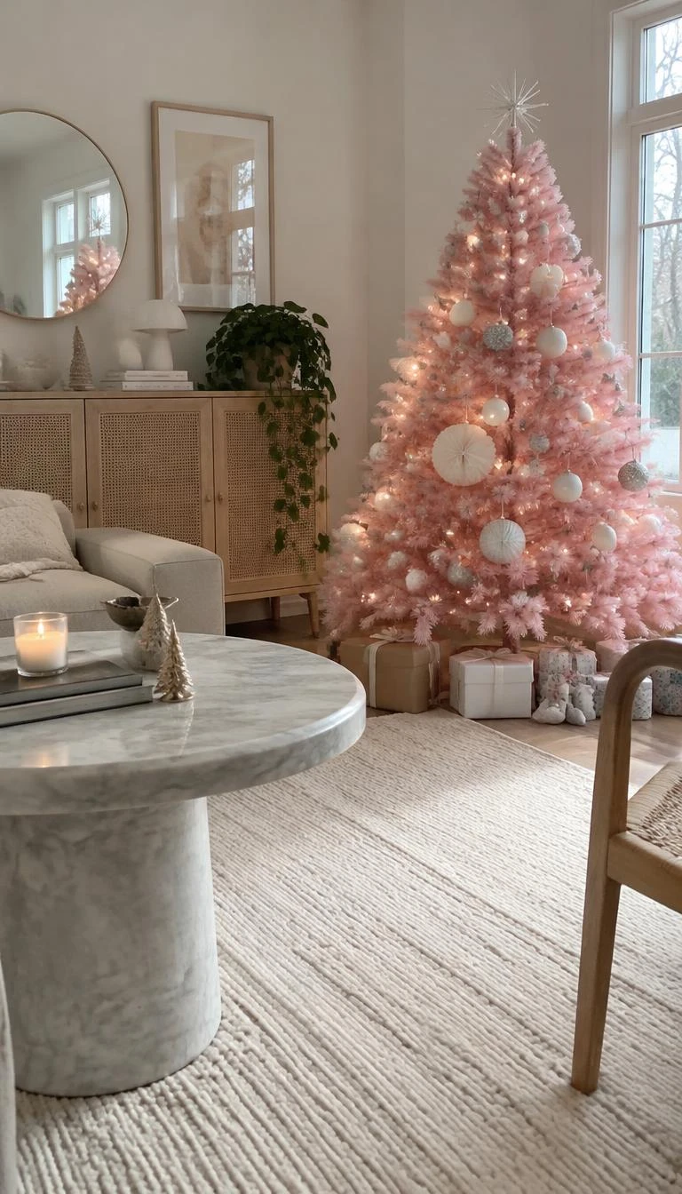 Layer Frosted White Baubles onto Bubblegum Needles A candid, realistic iPhone photograph of a living room with a Christmas tree, featuring bubblegum pink boughs covered in frosted milk glass baubles and white paper medallions, soft ambient daylight, and light Scandinavian living room decor