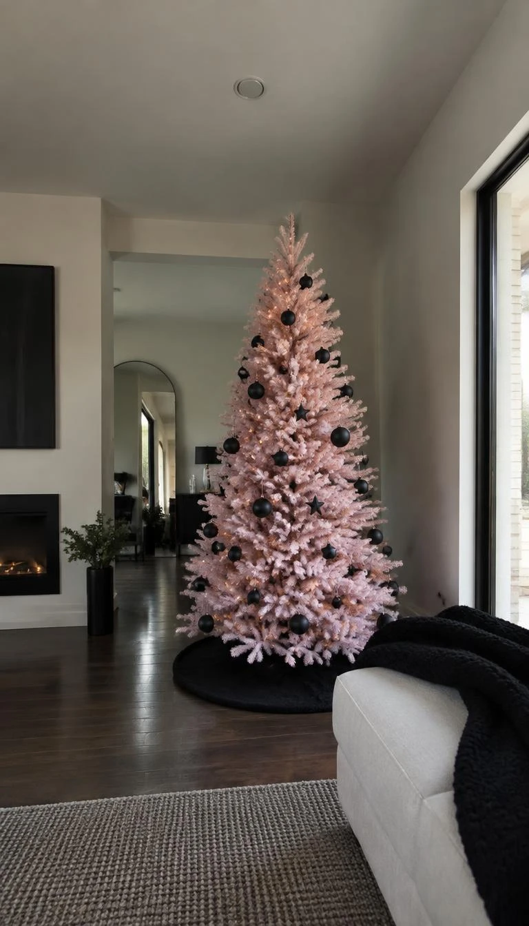 Anchor Pastel Pink with Matte Black Accents A candid, realistic iPhone photograph of a living room with a Christmas tree, displaying a pastel pink tree accented with chalky black spheres, matte iron stars, soft ambient daylight, dark wood floors, and modern minimalist architecture