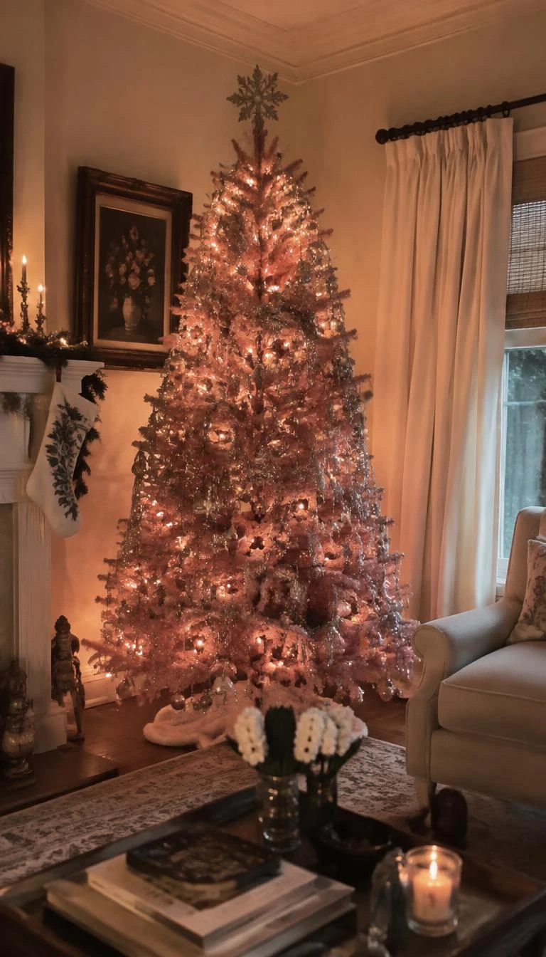 Pair Soft Carnation Pink with Antiqued Silver Tinsel A candid, realistic iPhone photograph of a living room with a Christmas tree, capturing a carnation pink tree accented with draped antique silver lametta tinsel, vintage mercury glass ornaments, and nostalgic warm holiday ambient light