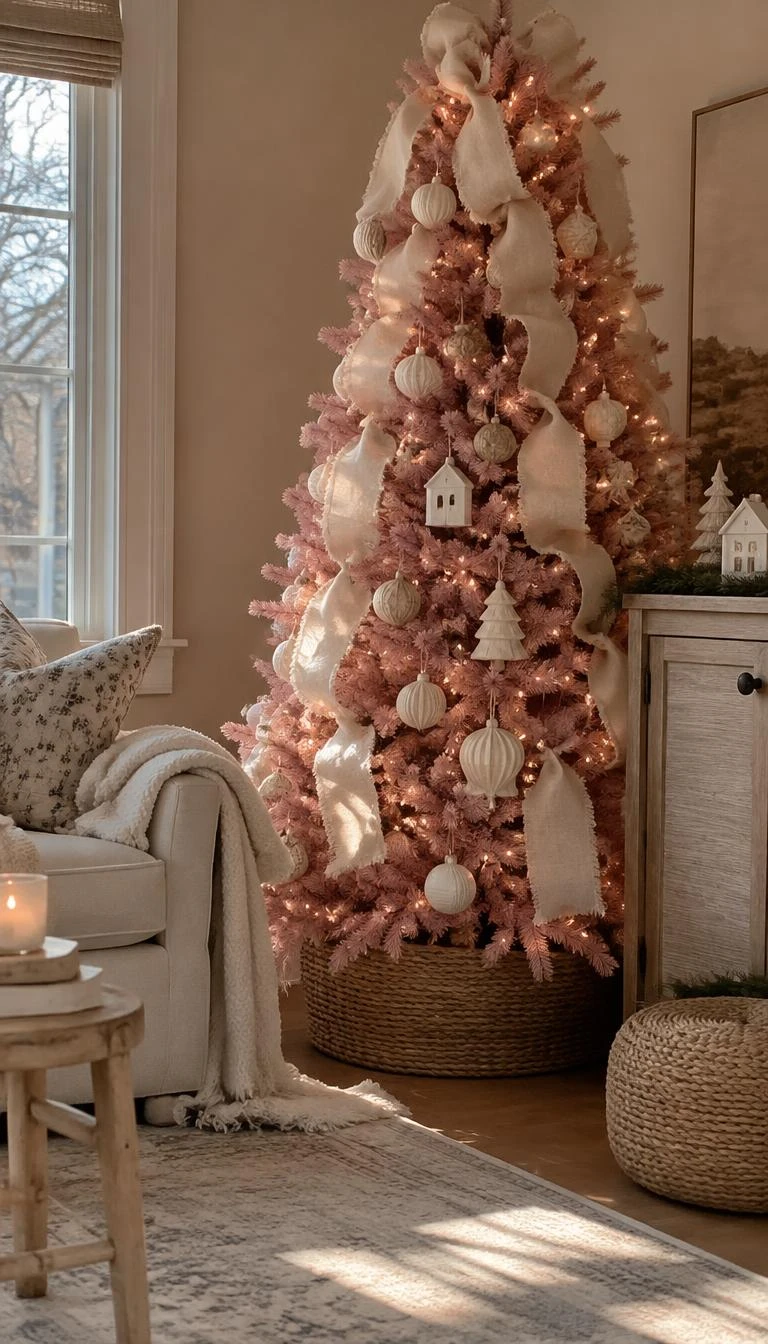 Drape Raw Linen Ribbon Down Pale Rose Needles A candid, realistic iPhone photograph of a living room with a Christmas tree, featuring pale rose needles layered with wide frayed oatmeal linen ribbon flowing vertically, warm glowing string lights, cream ceramic ornaments, and a quiet sunlit corner
