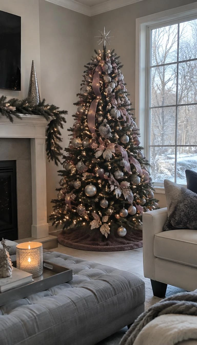 Combine Mauve Branches with Soft Pewter Finishes A candid, realistic iPhone photograph of a living room with a Christmas tree, capturing a mauve Christmas tree adorned with brushed pewter spheres, silver leaf ornaments, cool slate grey accents, and quiet northern window light