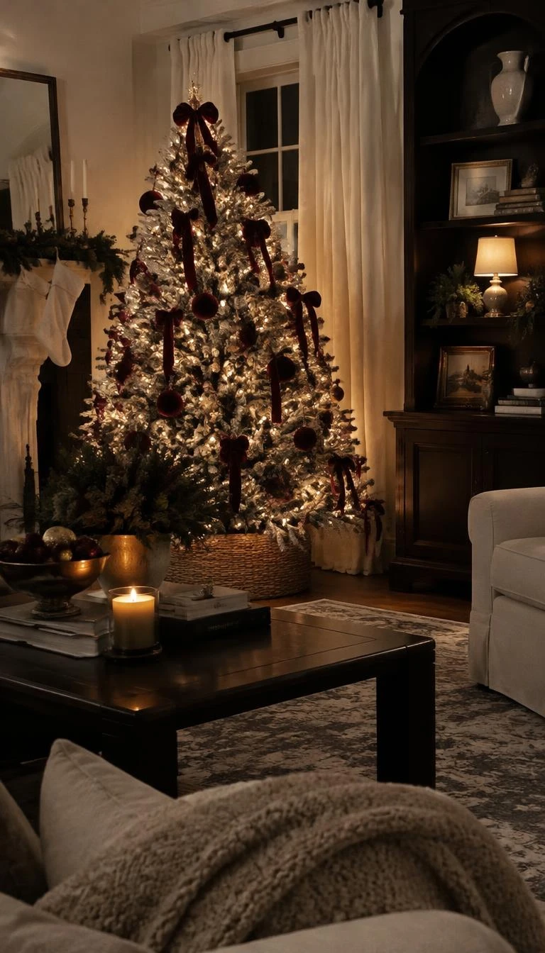 Blend Burgundy Velvet Baubles into Blush Foliage A candid, realistic iPhone photograph of a living room with a Christmas tree, featuring a blush tree layered with deep burgundy velvet globes, wine colored silk ribbons, warm glowing lamps, and dark wood furniture