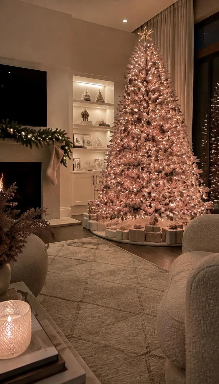 Thread Warm White Micro Fairy Lights Throughout A candid, realistic iPhone photograph of a living room with a Christmas tree, featuring a pastel pink tree wrapped densely in thousands of tiny warm white micro fairy lights, soft glowing ambience, and cozy evening living room decor