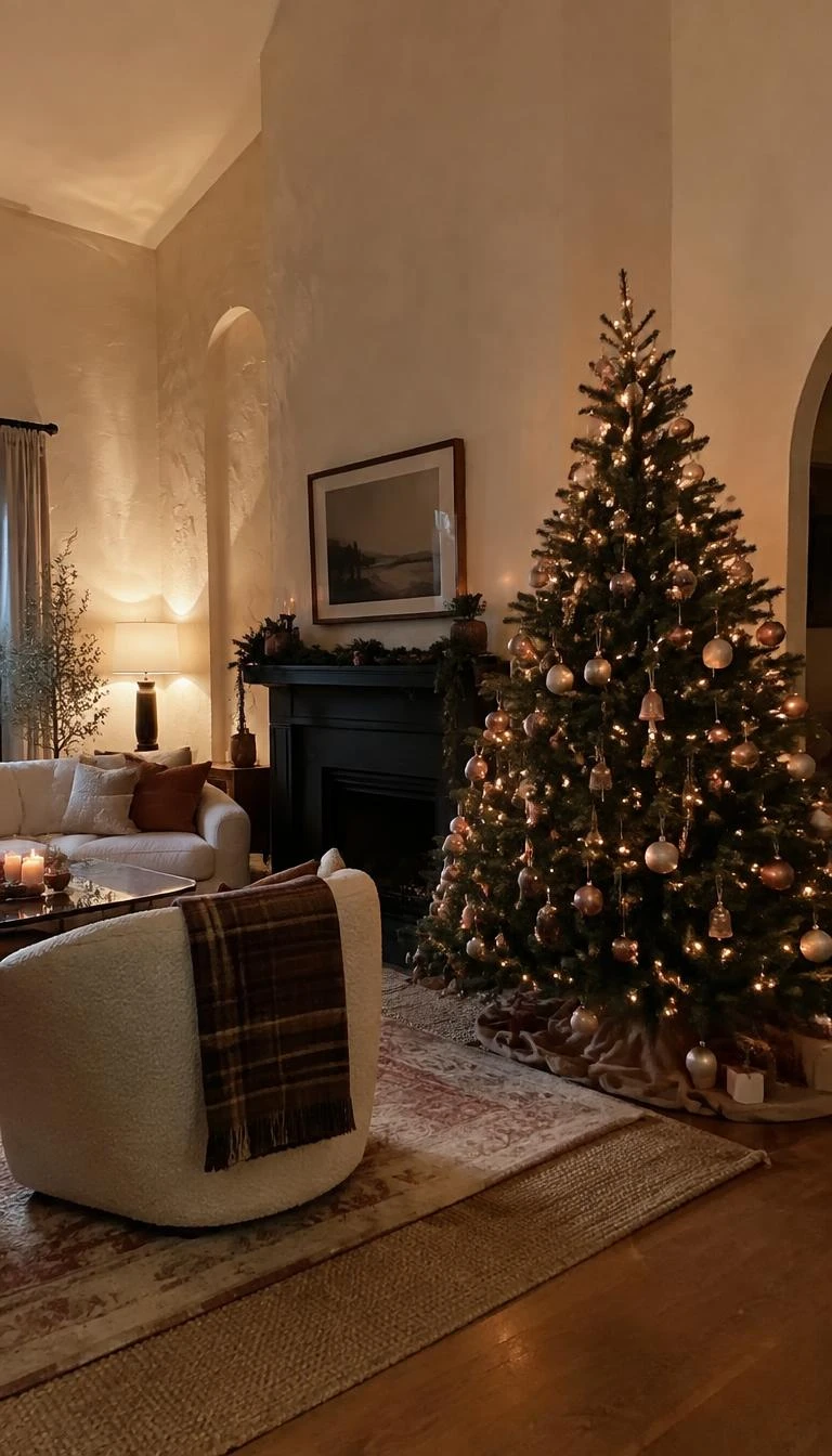 Combine Warm Peach Needles with Aged Brass Bells A candid, realistic iPhone photograph of a living room with a Christmas tree, highlighting a peach toned tree adorned with rustic golden brass bells on jute string, warm floor lamps, wool rugs, and textured plaster walls